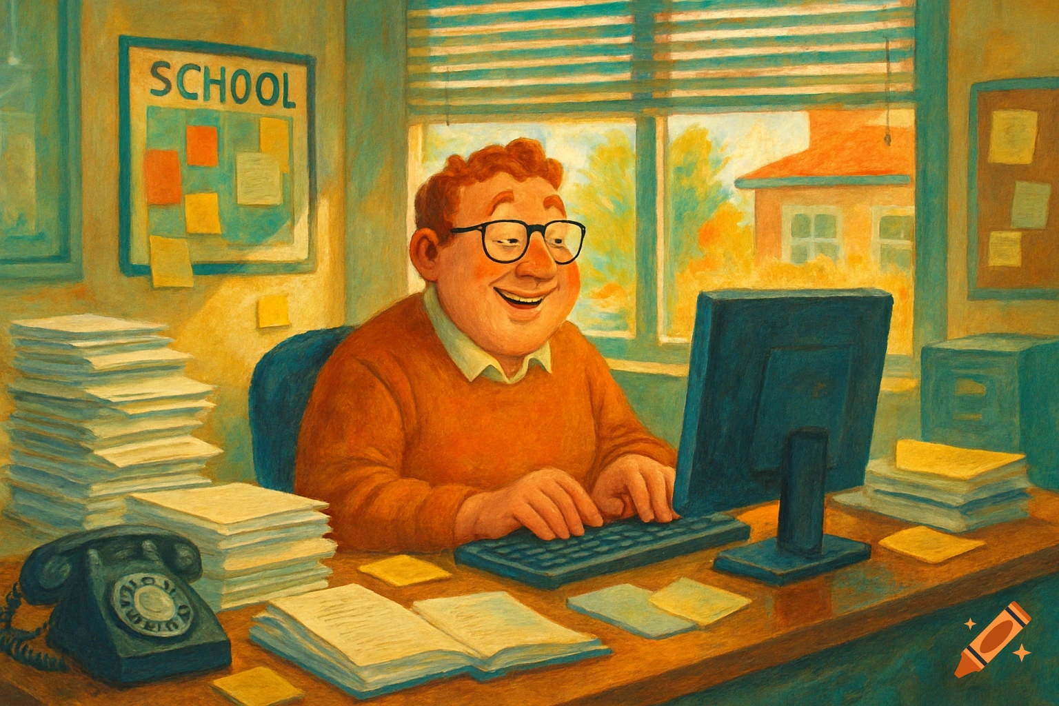 A cheerful, bespectacled man with red hair works at a computer in a school office, surrounded by papers, in a painterly style.