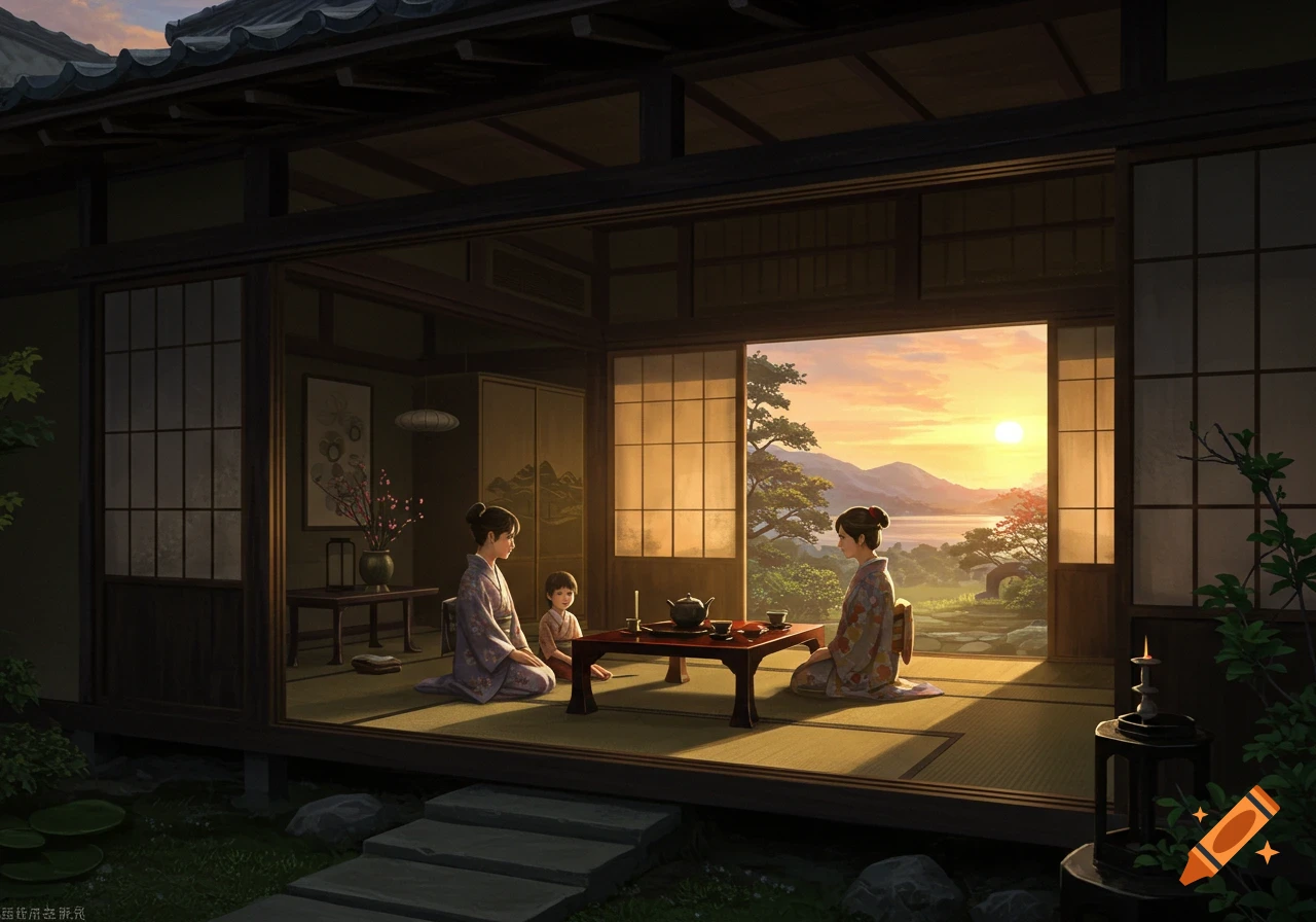 Two women and a child in traditional Japanese attire share tea in a tatami room overlooking a serene sunset landscape. Digital painting.