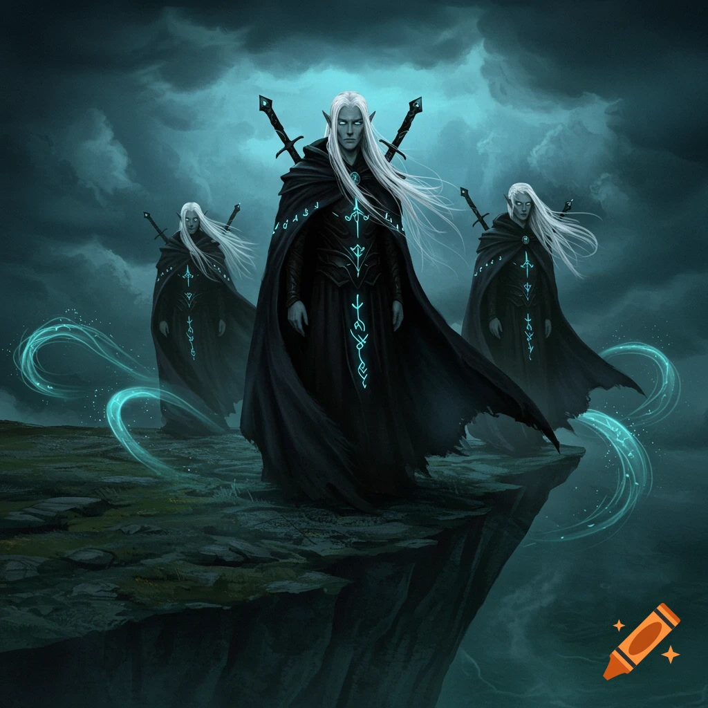 Three white-haired elves in black cloaks with glowing blue runes stand on a cliff edge under a stormy sky, in a dark fantasy art style.