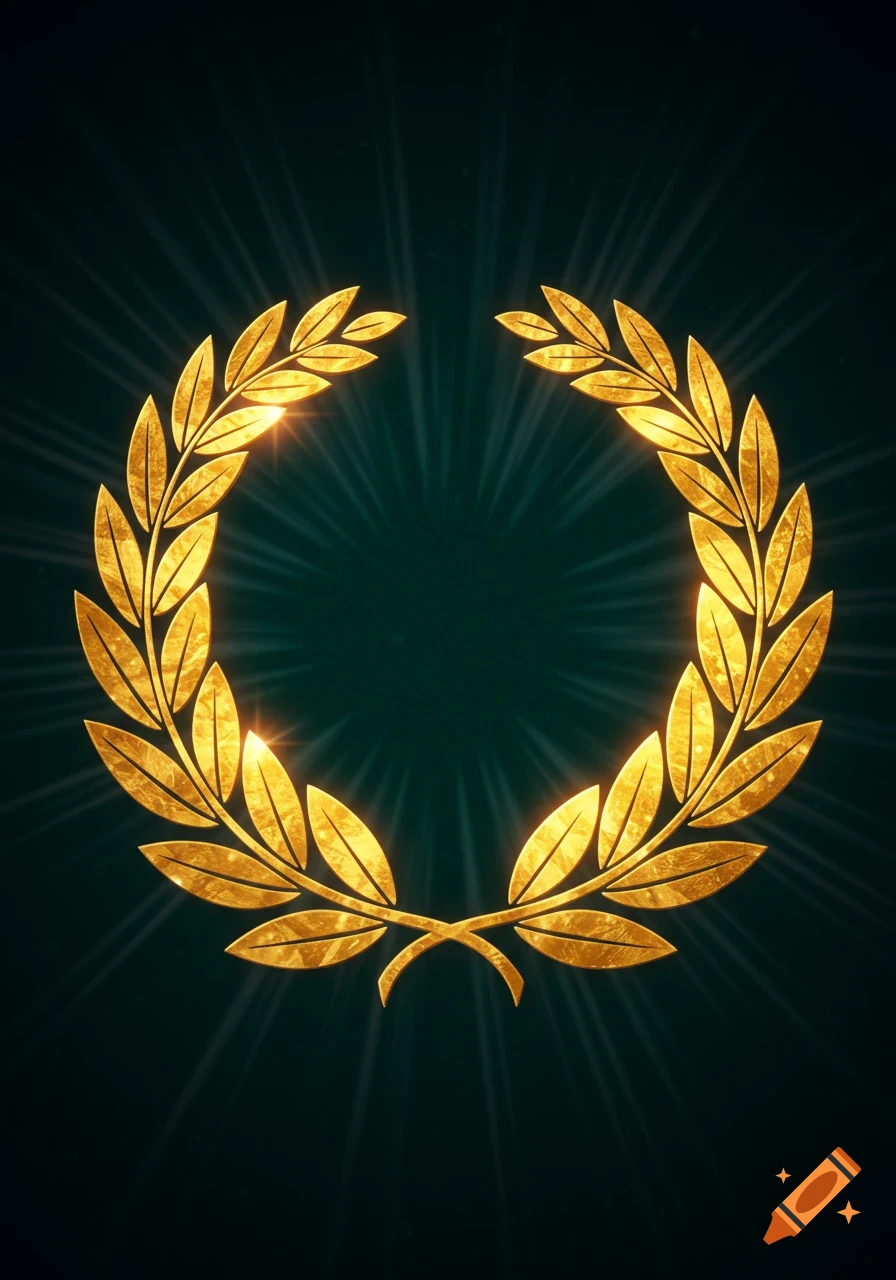 A shimmering golden laurel wreath with radiating light on a dark green background.