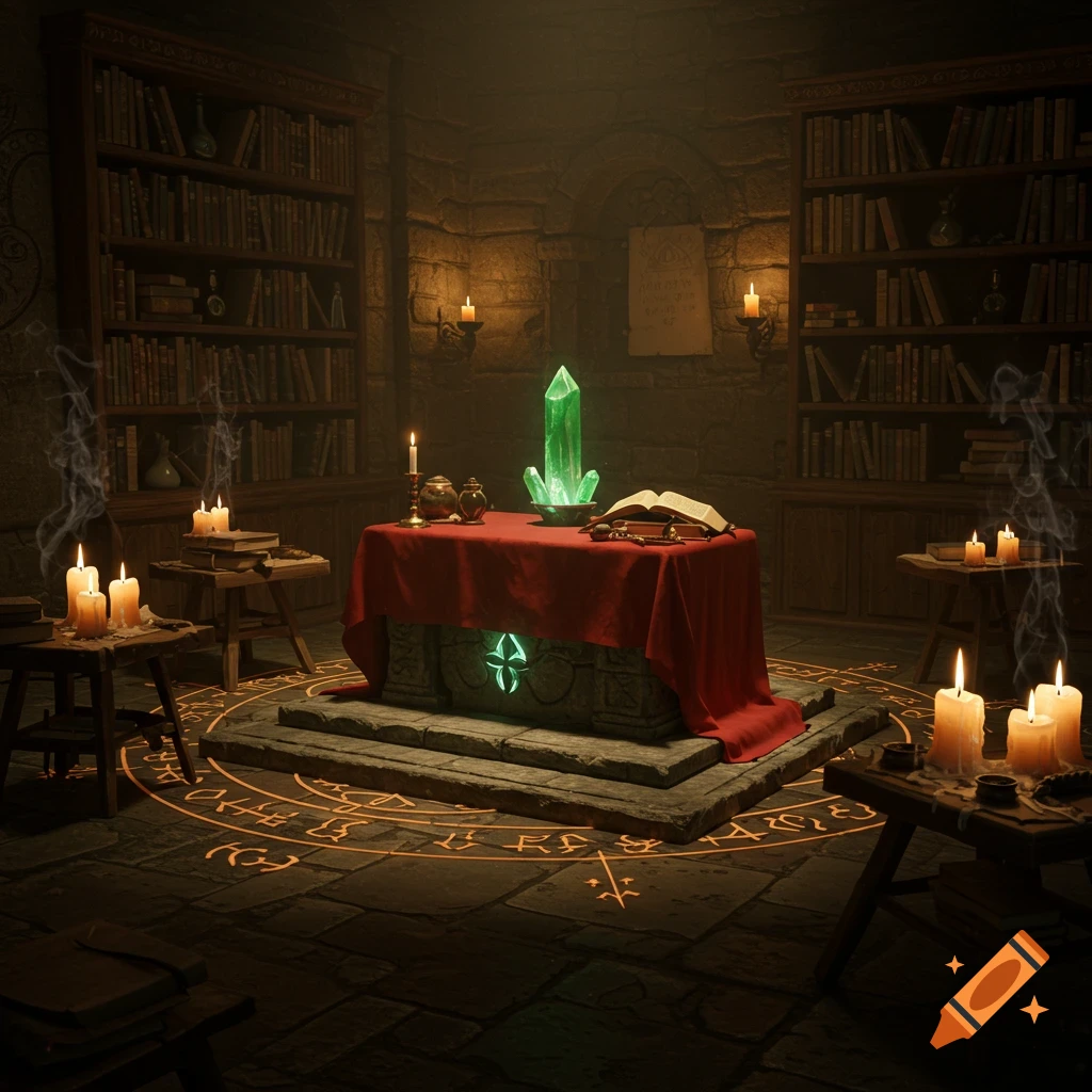 An atmospheric, dimly lit altar room features bookshelves, an altar covered in red cloth with a glowing green crystal, and candles, all set upon a stone floor with glowing ritualistic symbols.