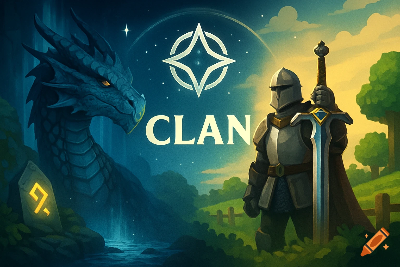 A stylized fantasy banner featuring a blue dragon, a knight holding a sword, and the word 'CLAN' centered with a star symbol.