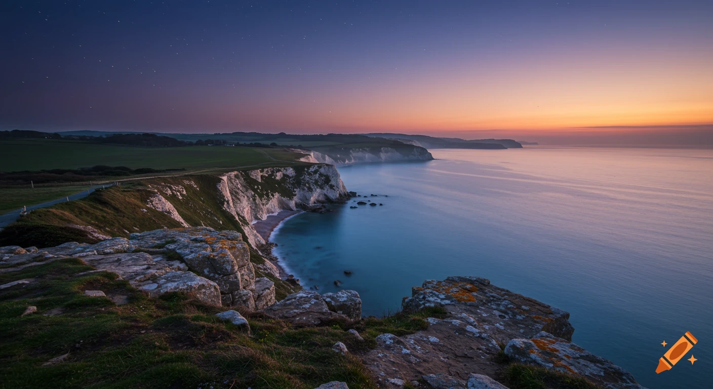 Atmospheric twilight view from dramatic cliffs overlooking a calm bay, with stars above and an orange sunset on the horizon.