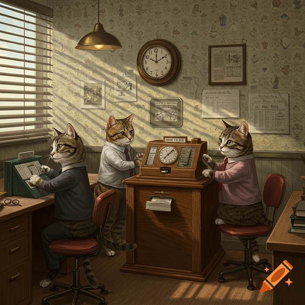 Three anthropomorphic tabby cats in an old-fashioned office, wearing business attire, punching time cards and working at desks in warm sunlight.