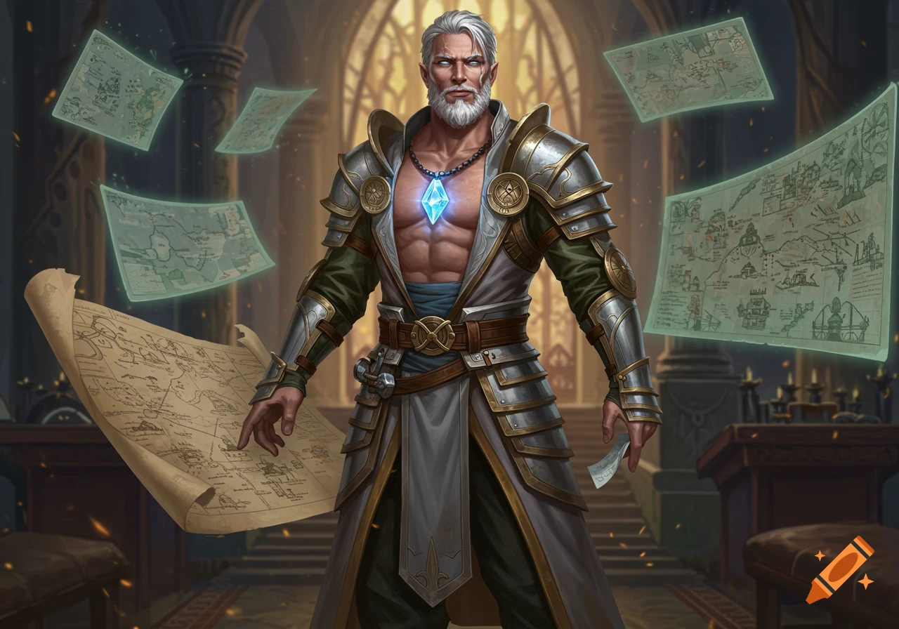 A powerful male fantasy strategist with silver hair and beard, wearing tactical robes and light armor, with a glowing crystal pendant, surrounded by floating magical maps in a war room.