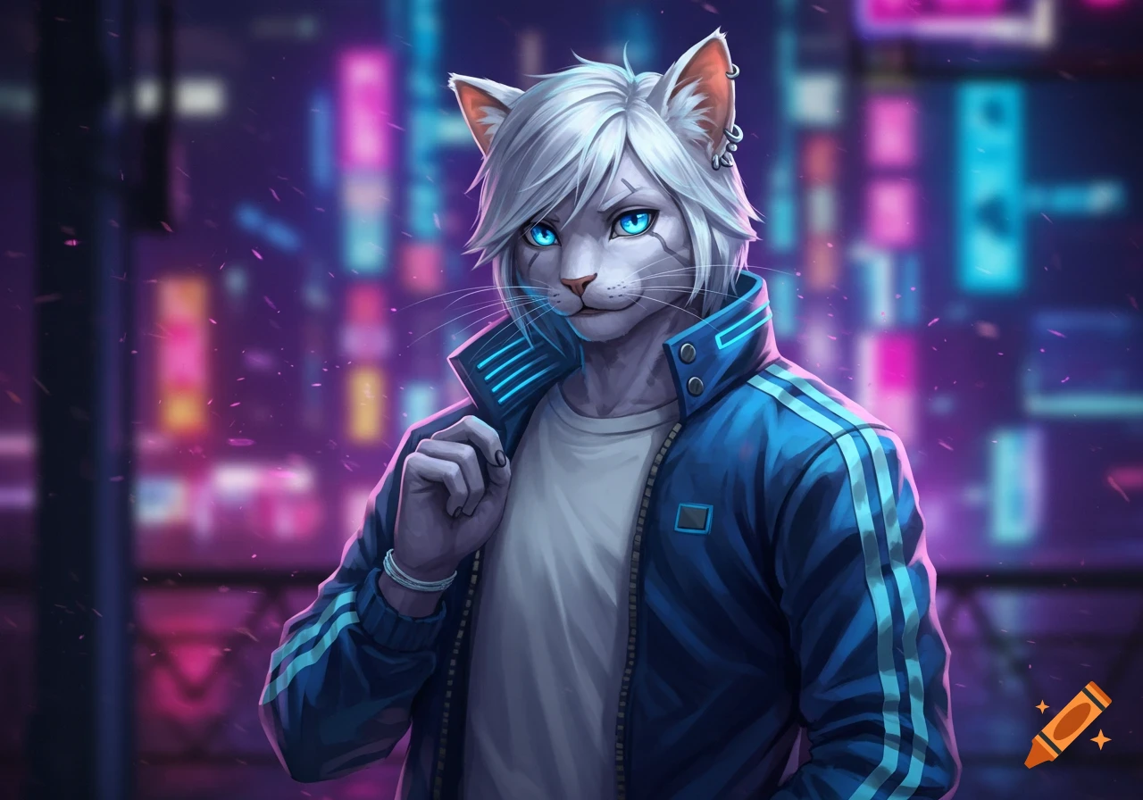 White humanoid cat with blue eyes in a cyberpunk jacket, standing in a neon city at night. Digital art.