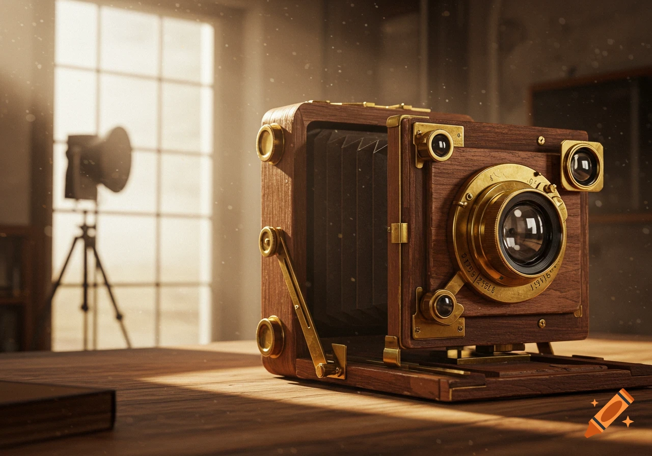 A photorealistic close-up of a vintage wooden and brass camera on a sunlit wooden table, with a blurred window and tripod in the background.