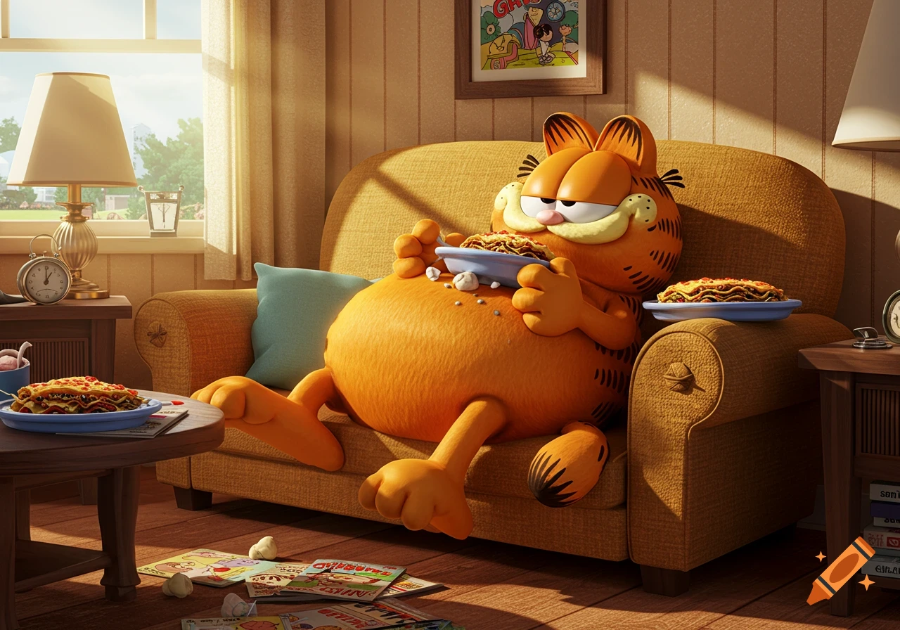 Garfield the cat lounges on a brown sofa, happily eating lasagna from a plate on his stomach, with more lasagna on side tables.