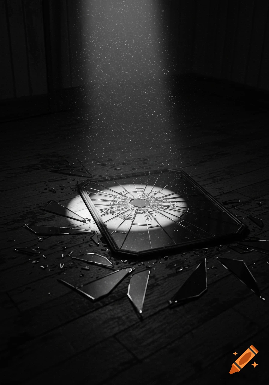 A broken mirror shattered on a dark wooden floor under a dusty spotlight, rendered in black and white.