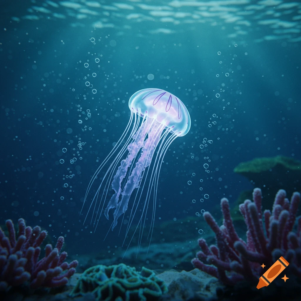 A translucent, glowing purple jellyfish swims in deep blue water with coral on the seabed.