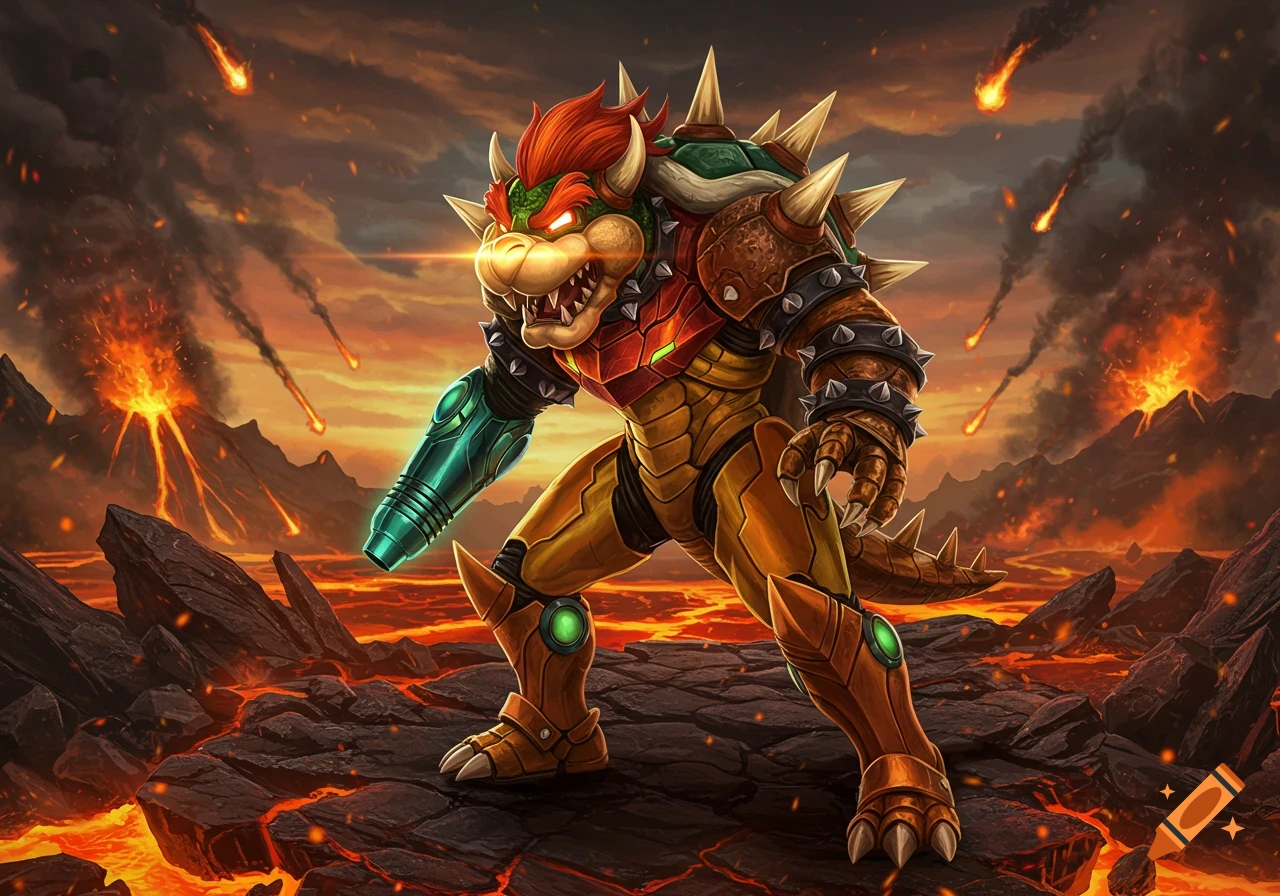 Bowser in Samus's Varia Suit stands on a volcanic planet with meteors falling from a fiery sky, digital art.