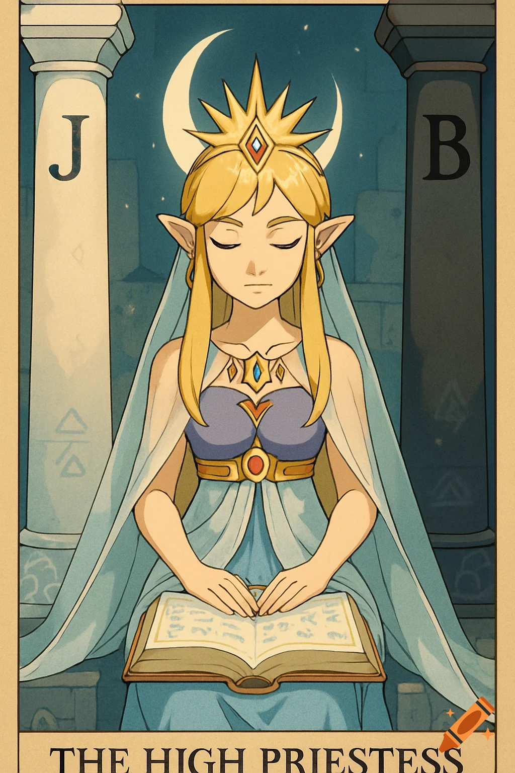 An anime-style tarot card of Zelda as The High Priestess, sitting between two pillars (J and B) with an open book, under a crescent moon.