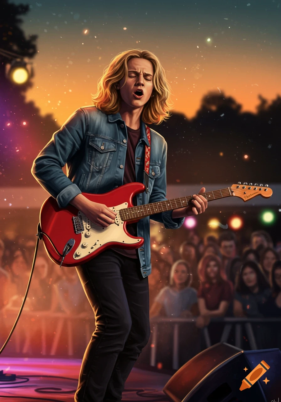 A long-haired blonde boy plays a red electric guitar on a stage at an outdoor sunset concert, digital art.