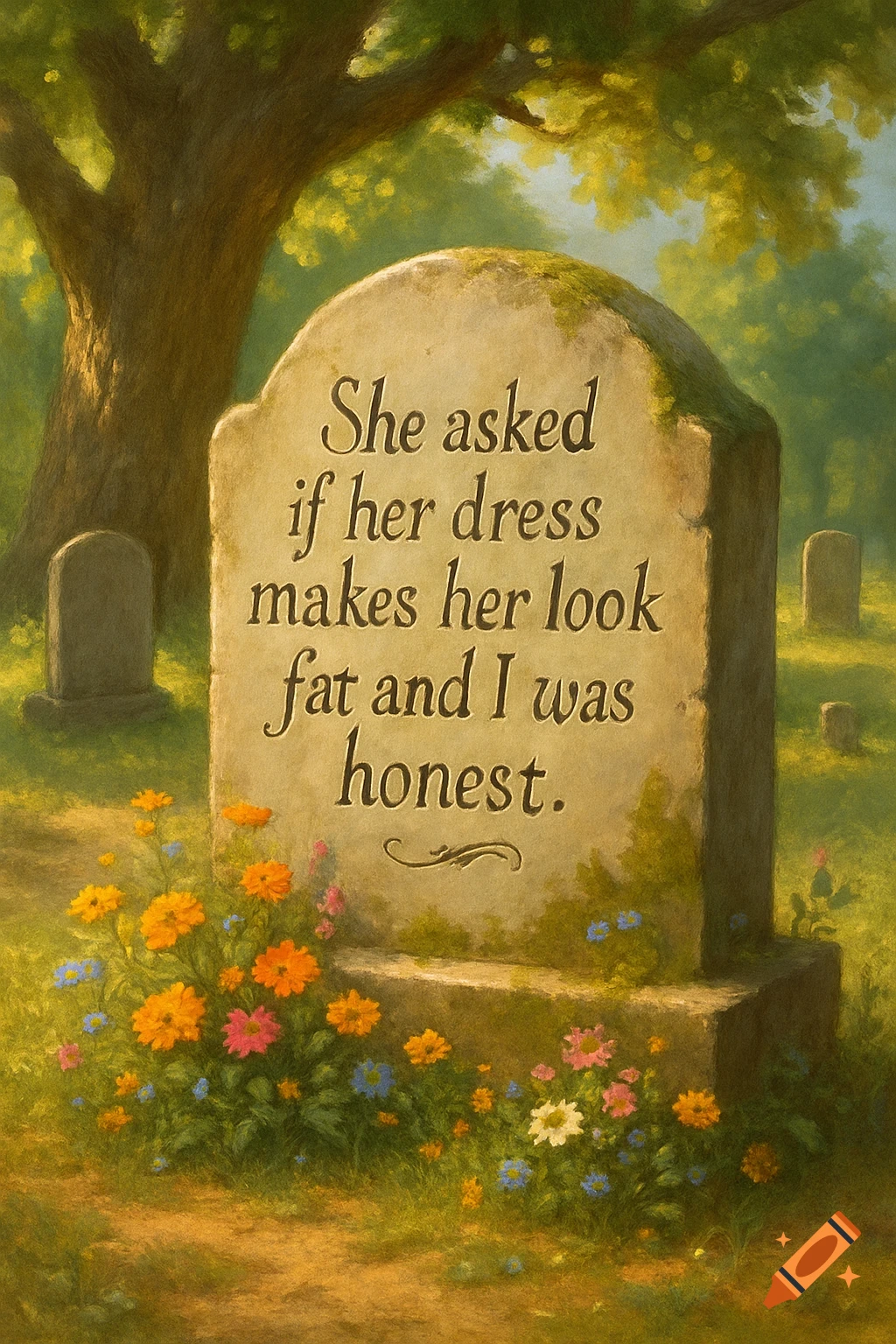 A painted image of a tombstone in a sunny graveyard with the inscription: 'She asked if her dress makes her look fat and I was honest.'
