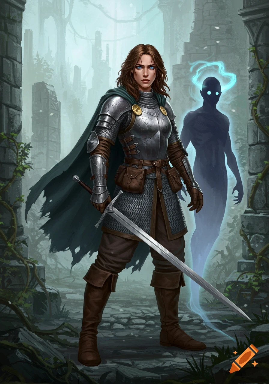 A female fighter in chain mail stands with a longsword in crumbling ruins, a glowing blue shadow person behind her.