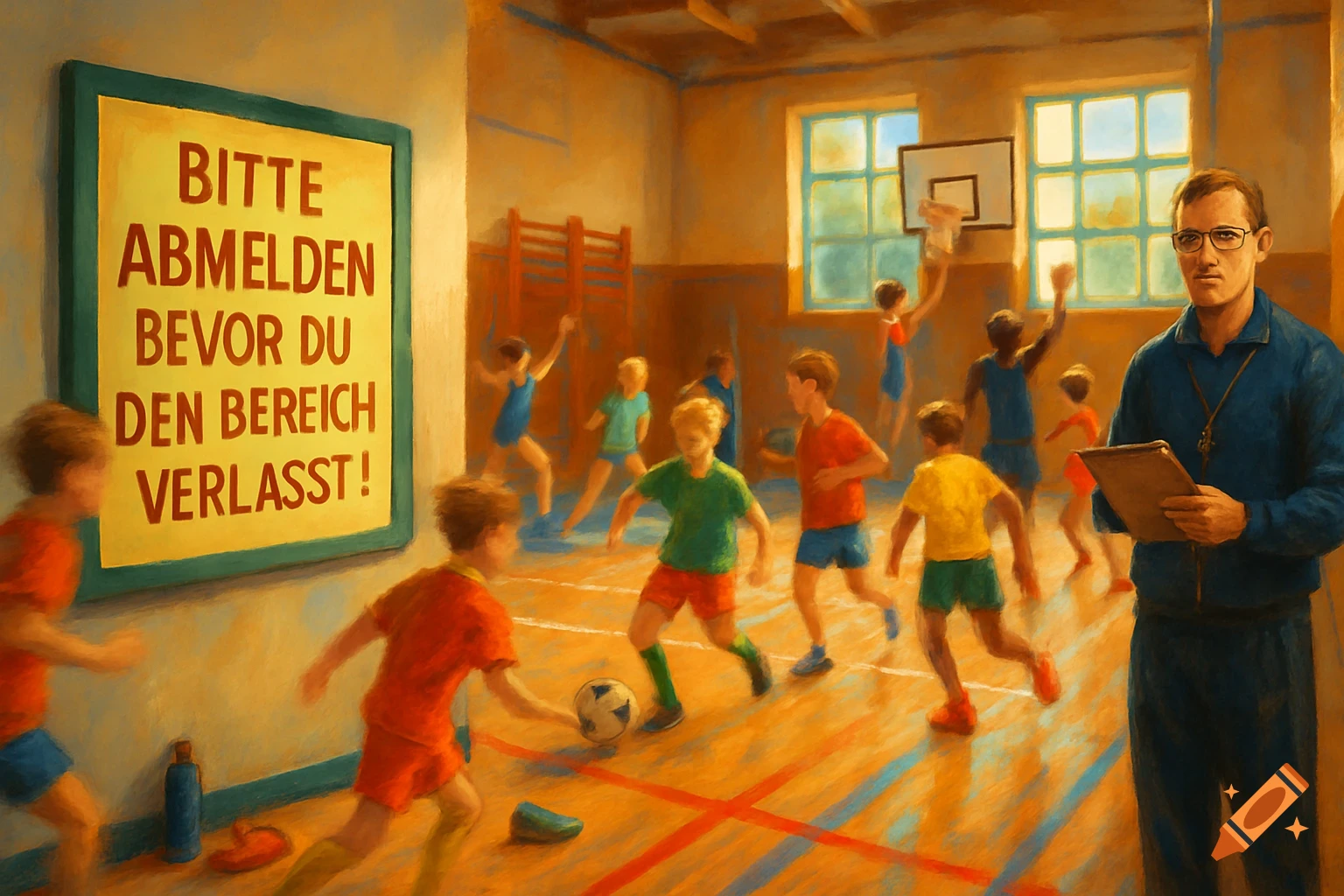 A painterly scene of children playing soccer in a gym under the watchful eye of a coach, with a German sign.