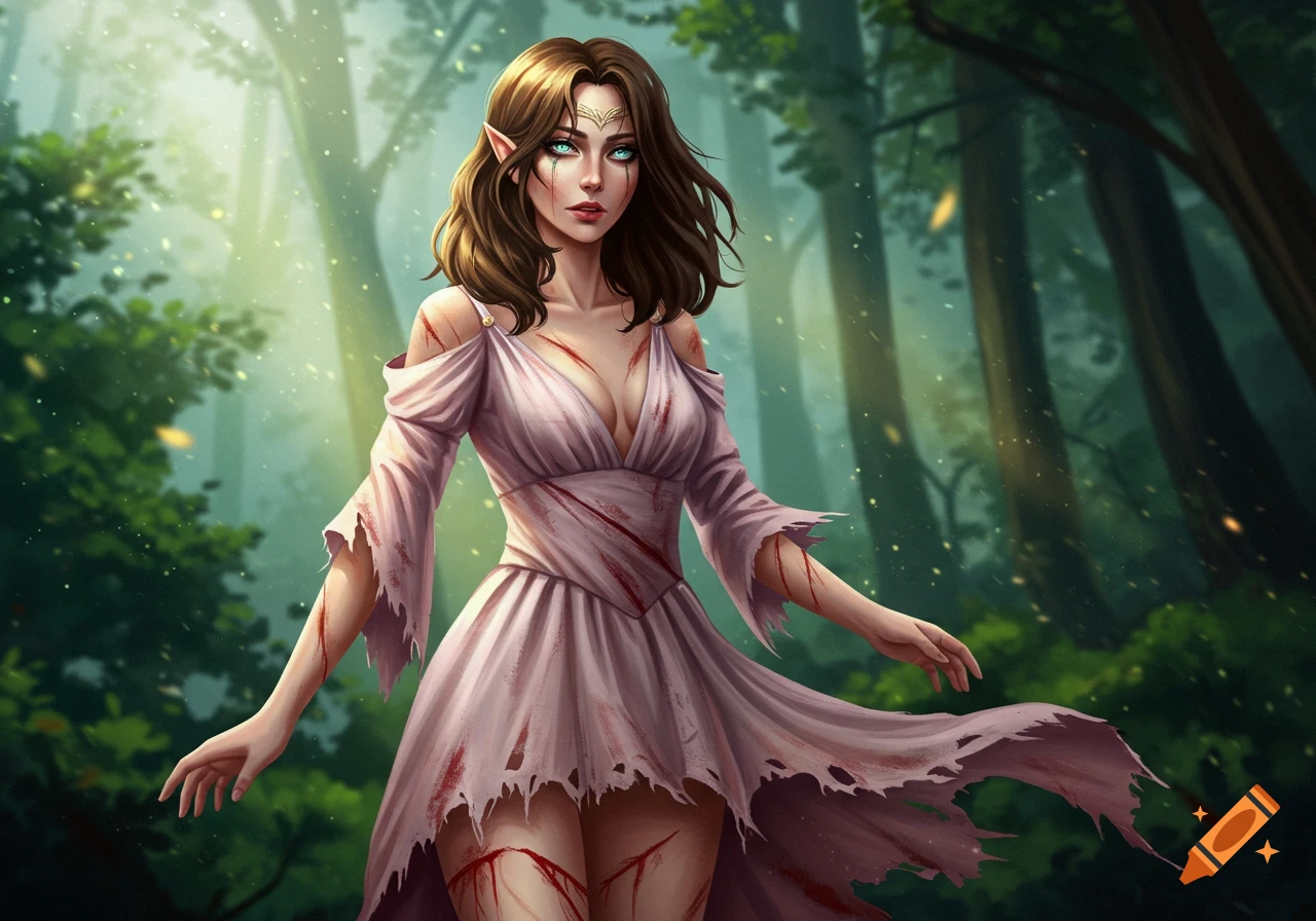 A female elf with blue-green eyes and brown hair wears a torn pale pink dress, covered in stylized cuts and scratches, standing in a sunlit forest.