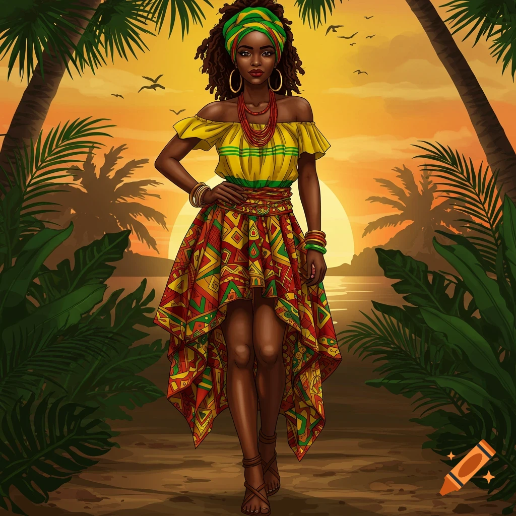 A colorful illustration of a woman in a yellow top and patterned high-low skirt with a green and yellow headwrap, on a tropical beach at sunset.