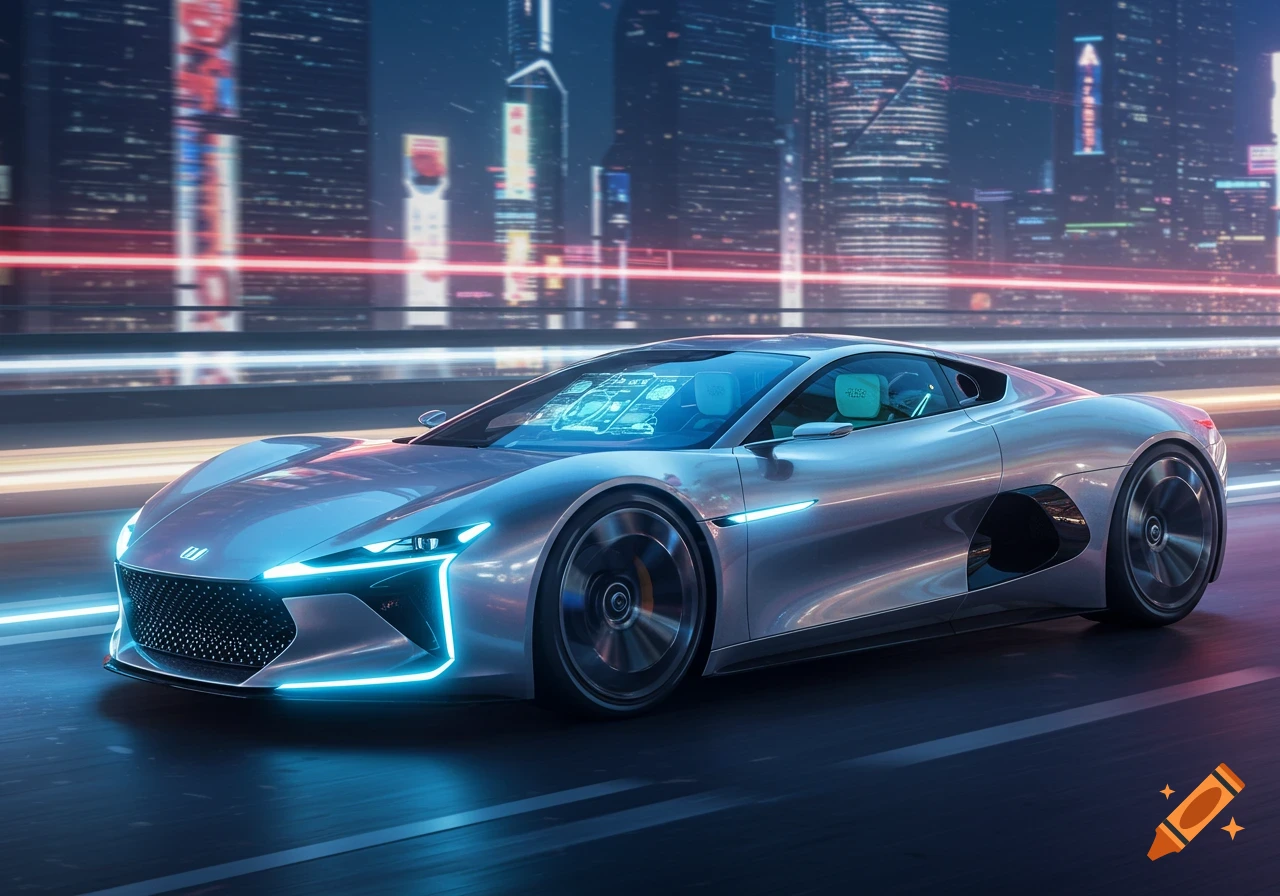 A sleek silver futuristic sports car with glowing blue accents drives at night on a city street with neon lights reflecting.