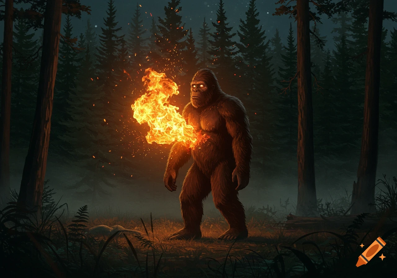A large, furry Bigfoot creature stands in a dark forest, breathing fire from its chest.