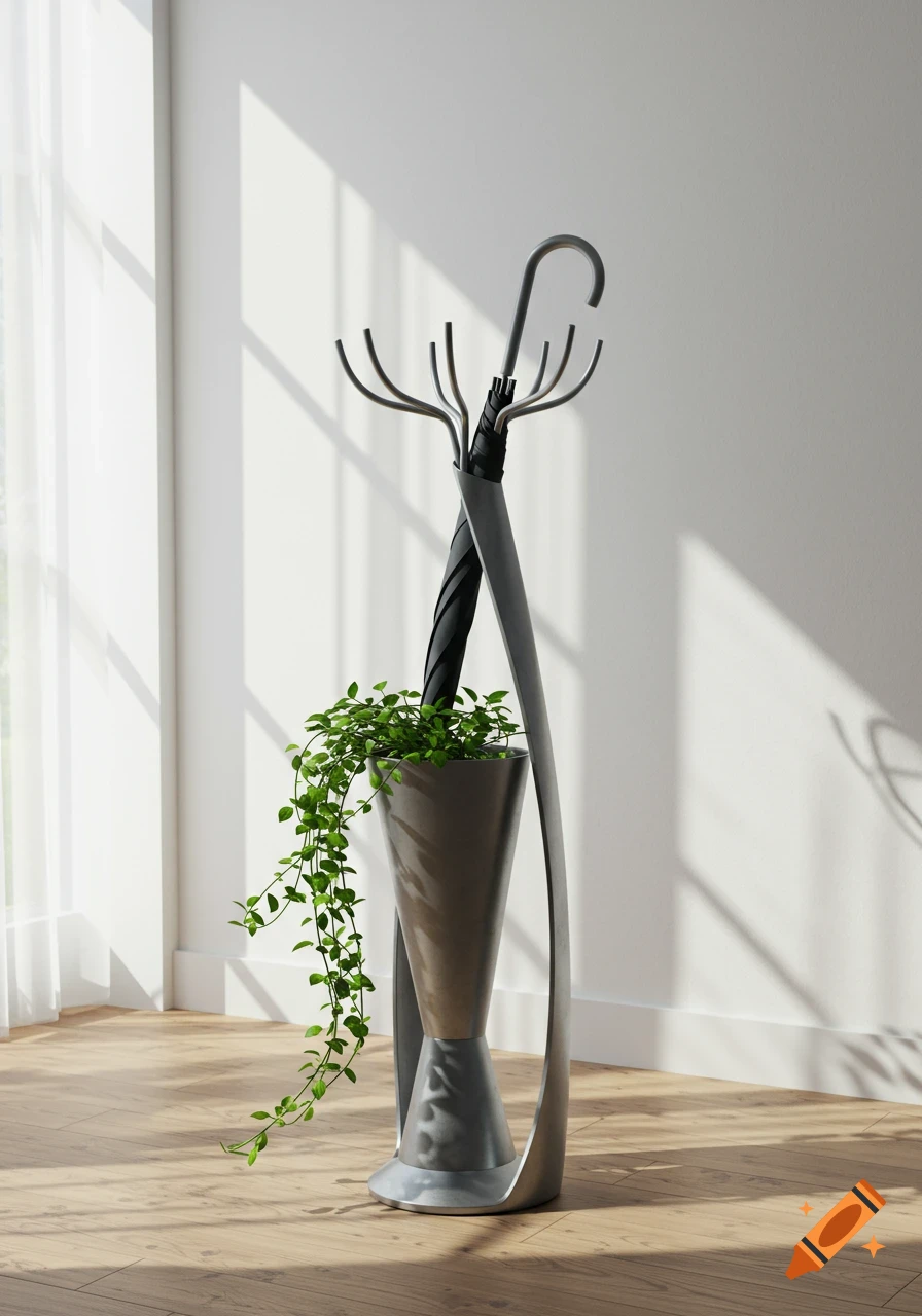 Modern gray umbrella stand with hooks, holding a black umbrella and trailing green plants on a wooden floor in a brightly lit room.