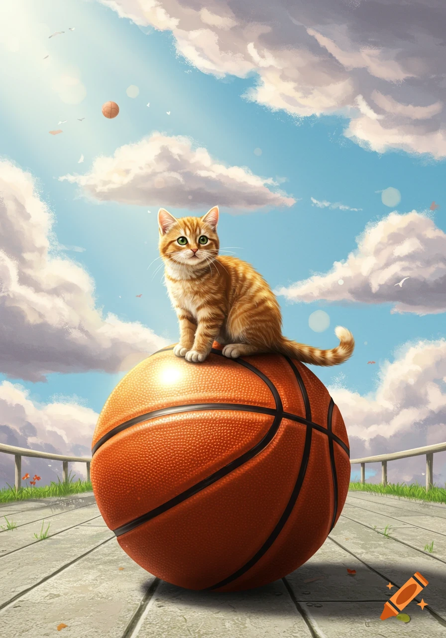 An illustration of a cute orange tabby cat sitting on a basketball under a bright, cloudy sky.