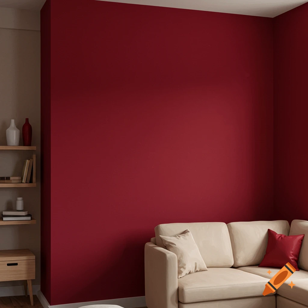 A modern living room with a deep red accent wall, a light beige sectional sofa, and wooden shelves with decor.
