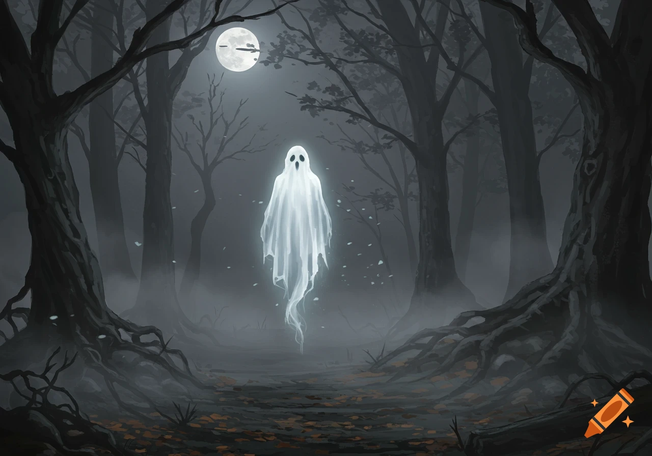 A white, sheet-like ghost floats in a misty, dark forest under a full moon, with gnarled trees and fallen leaves.