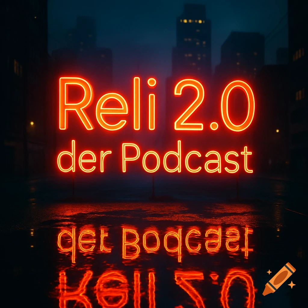A red neon sign reading 'Reli 2.0 der Podcast' illuminates a wet city street at night, with reflections on the ground.