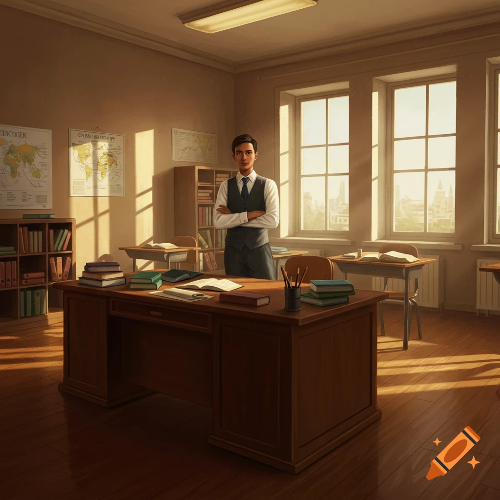 A male teacher in a vest and tie stands with crossed arms in a classroom with desks, bookshelves, and world maps on the wall, sunbeams streaming through windows.
