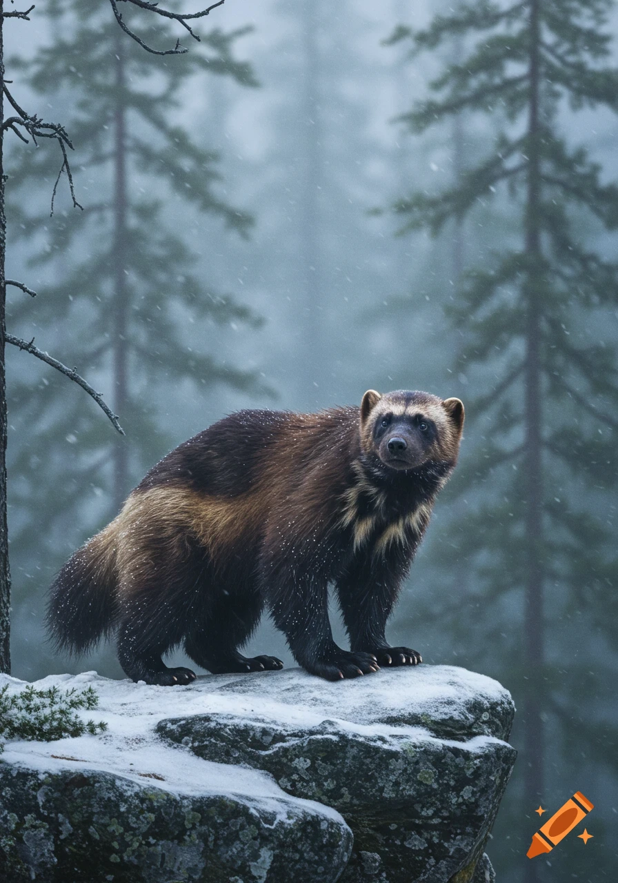 Photorealistic wolverine standing on a snow-covered rock in a misty, snowy forest with pine trees.
