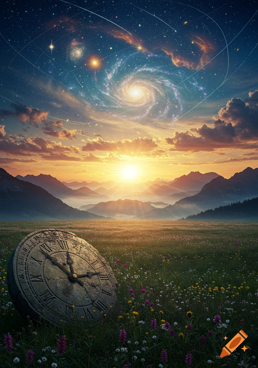 Fantasy landscape with a giant stone clock in a field of wildflowers at sunrise under a cosmic sky with a spiral galaxy.