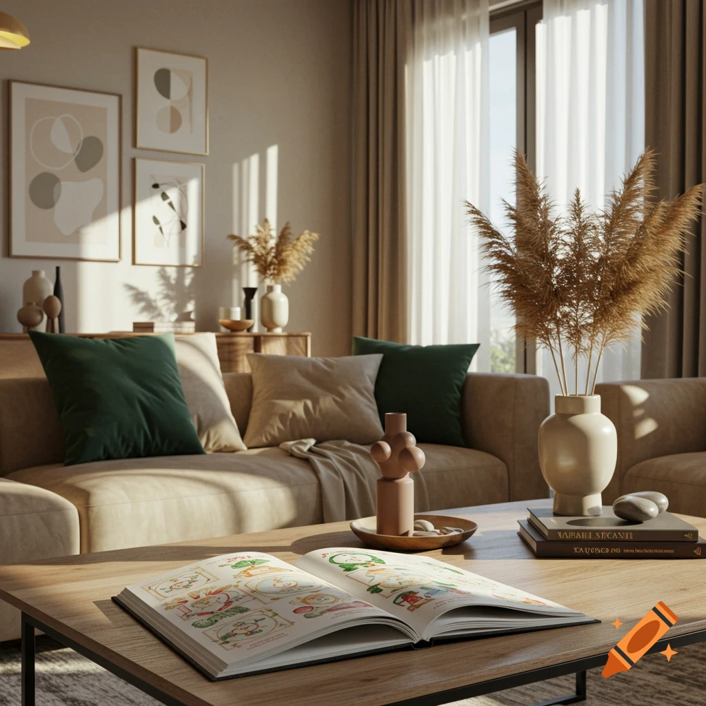 A warm, sunlit living room with a beige sofa, green and neutral pillows, a wooden coffee table, and an open book with illustrations, featuring pampas grass in vases and framed abstract art.