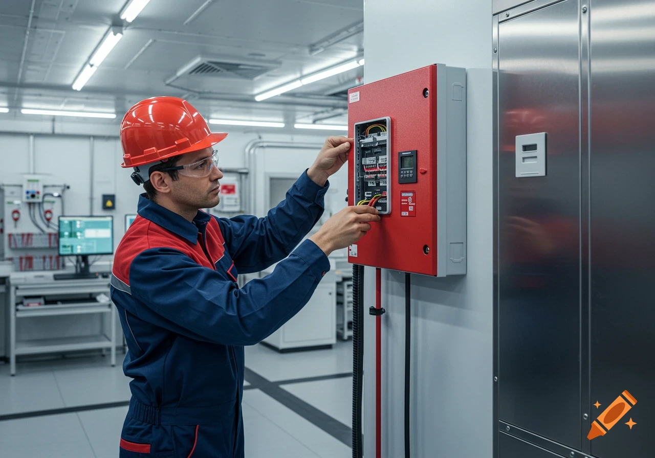 A man in a hard hat and uniform installing a red fire alarm panel in an industrial setting.