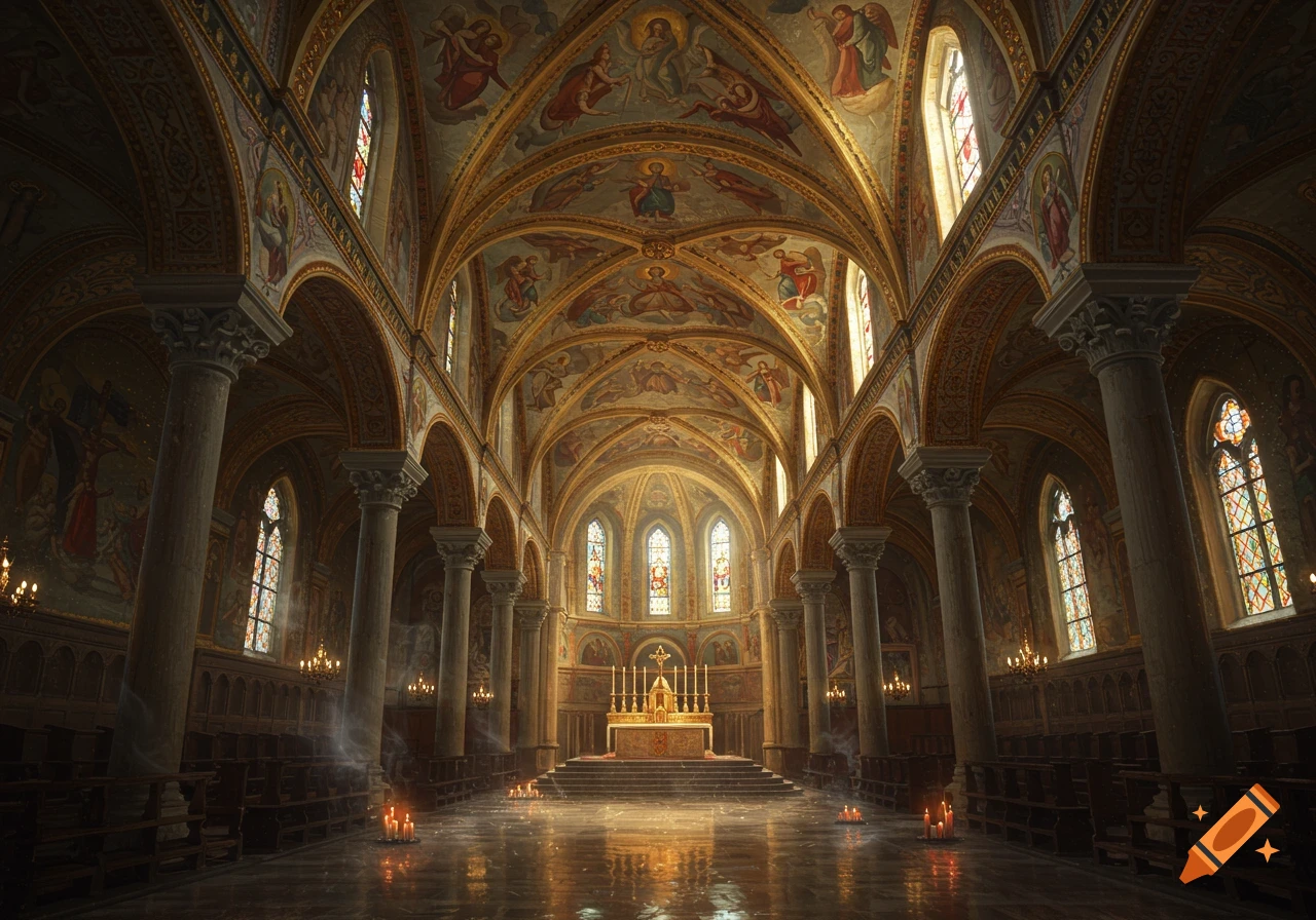 Grand church interior with high vaulted ceilings, religious frescoes, stained glass windows, columns, an altar, and flickering candles.