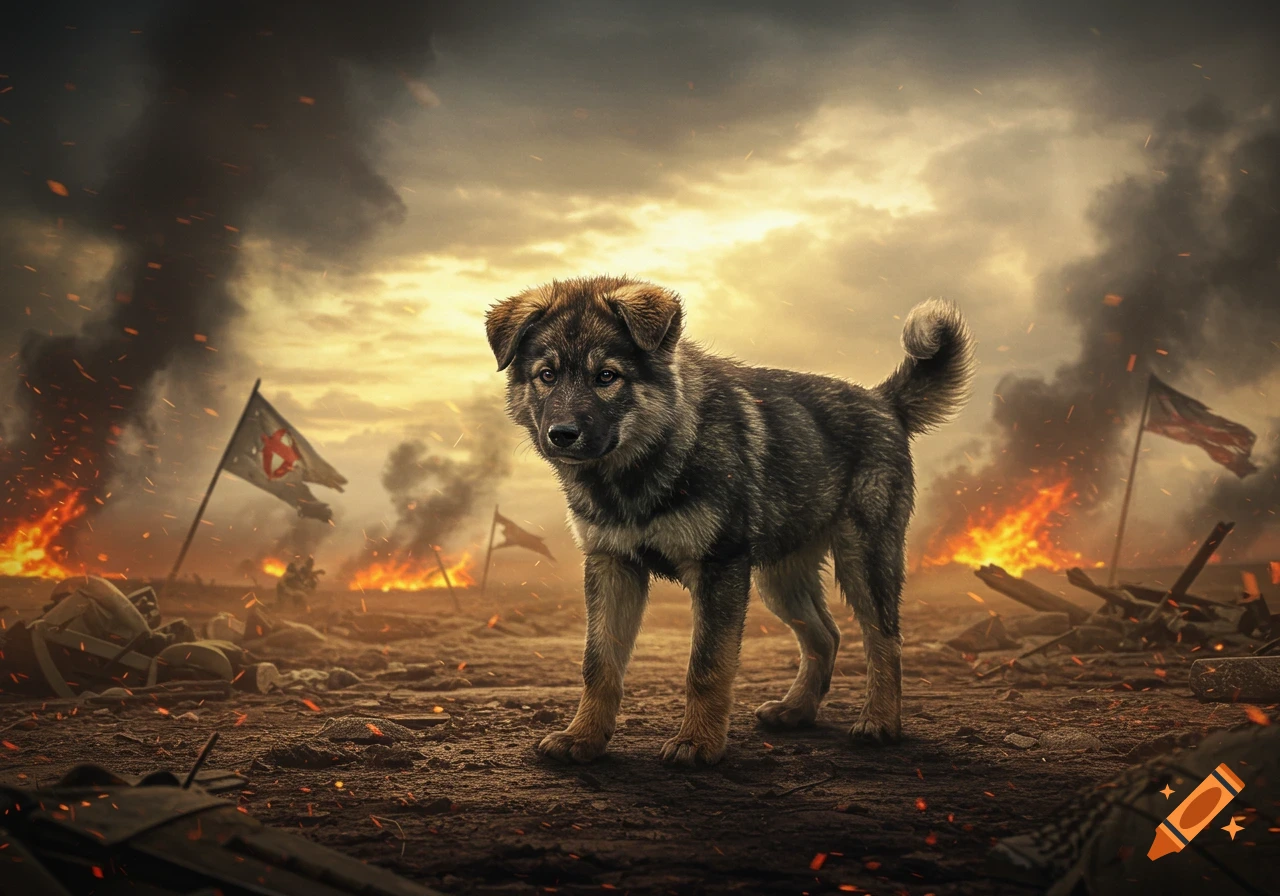 A photorealistic puppy stands in a desolate, fiery war-torn landscape with smoke-filled skies and tattered flags.