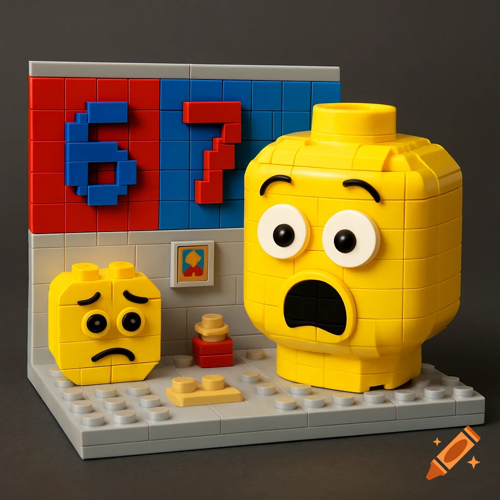 A Lego set features a large surprised yellow Lego head and a smaller sad yellow Lego block. Behind them, blue '6' and red '7' are built into a red and blue Lego wall.