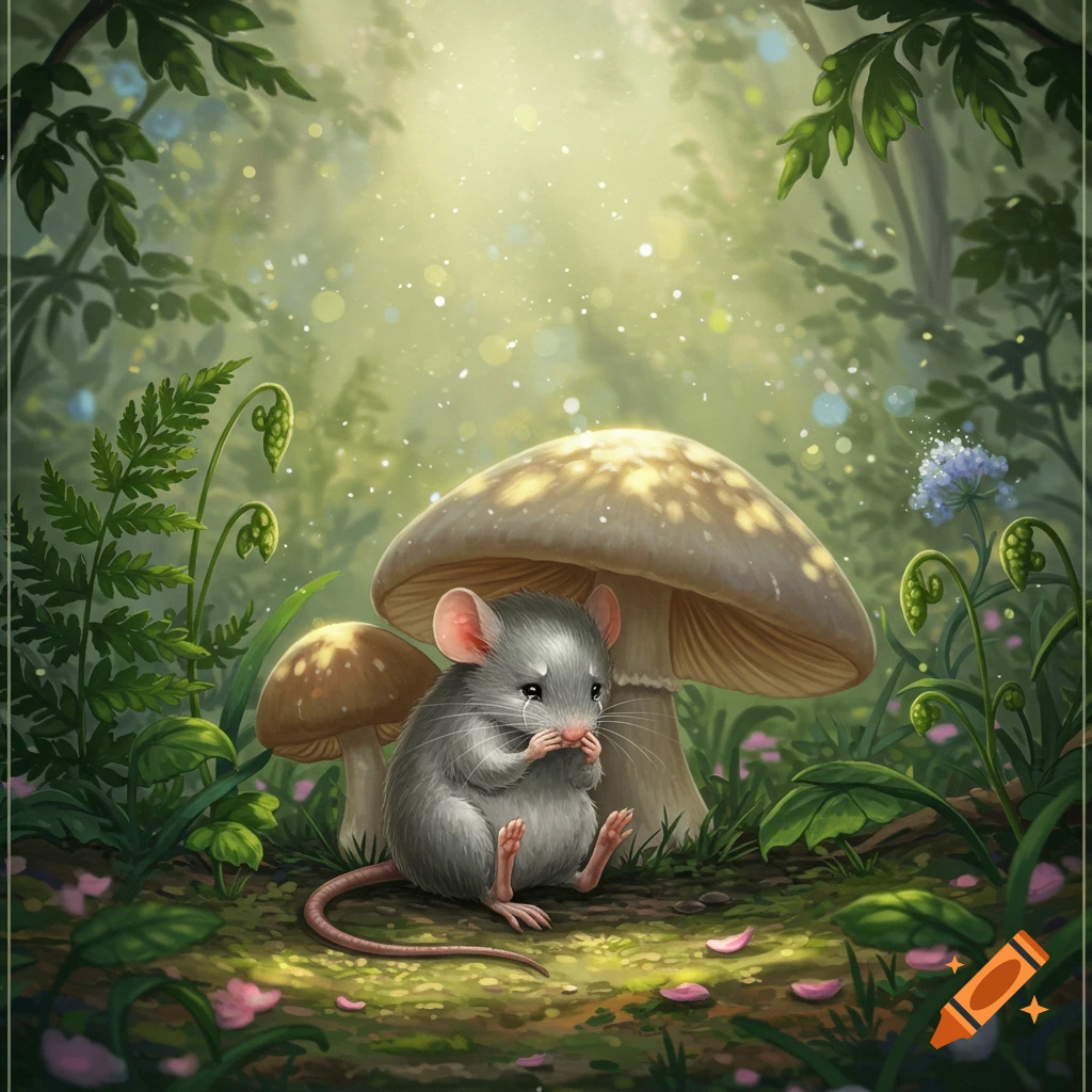 A cute crying mouse sits under a large mushroom in a whimsical, sunlit forest filled with ferns and sparkling light, illustration.