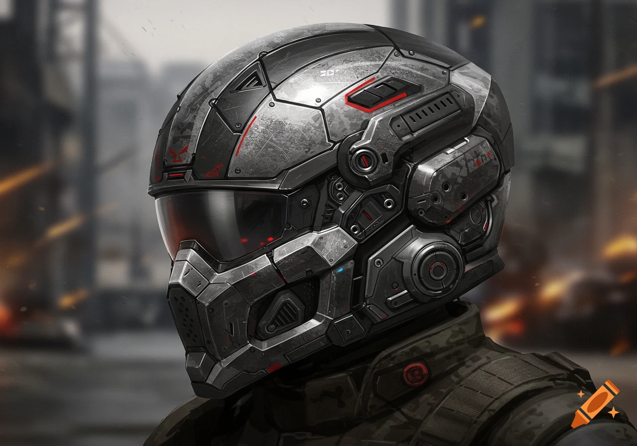 Close-up of a gritty, futuristic combat helmet with metallic plating and red accents, against a blurred urban background.