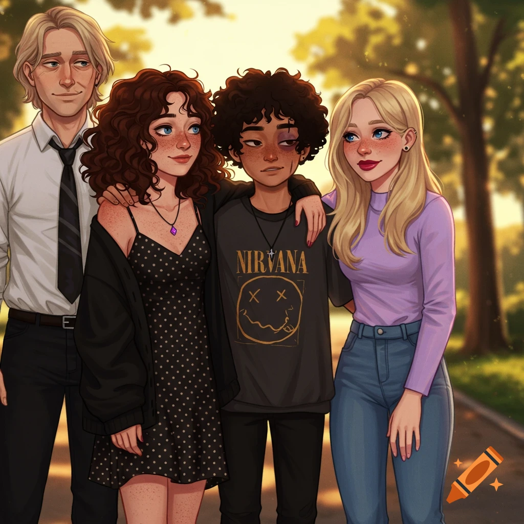 A group of five anime-style characters, four friends and an older man, stand outdoors in a sunny park setting.