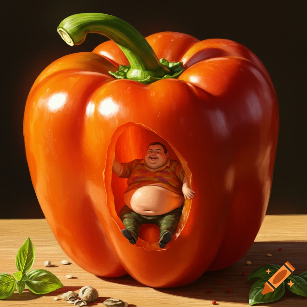 A smiling man sits inside a large orange bell pepper on a wooden table, rendered in a photorealistic style.