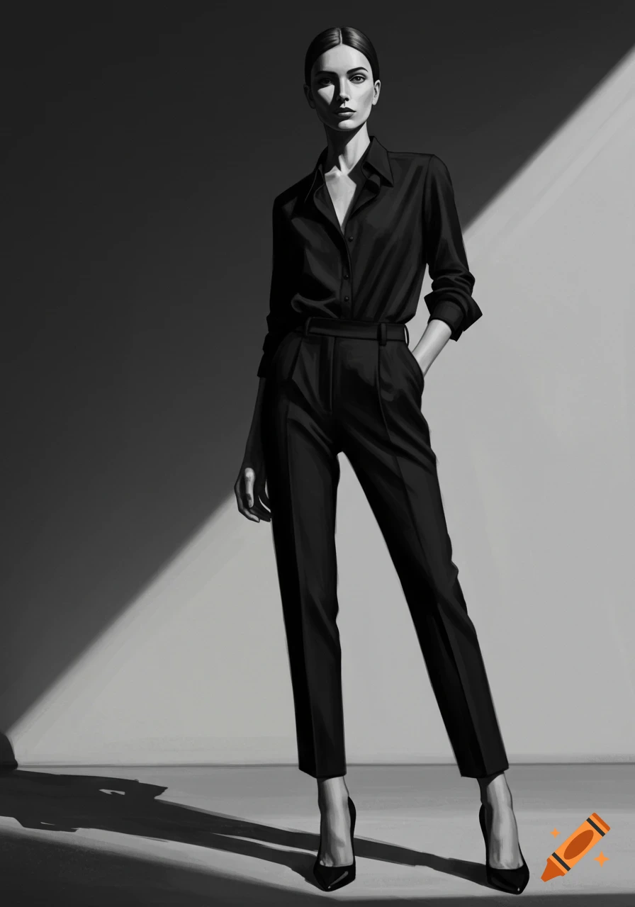 Black and white illustration of a woman in a black shirt and trousers, standing dramatically lit against a shadowed wall.
