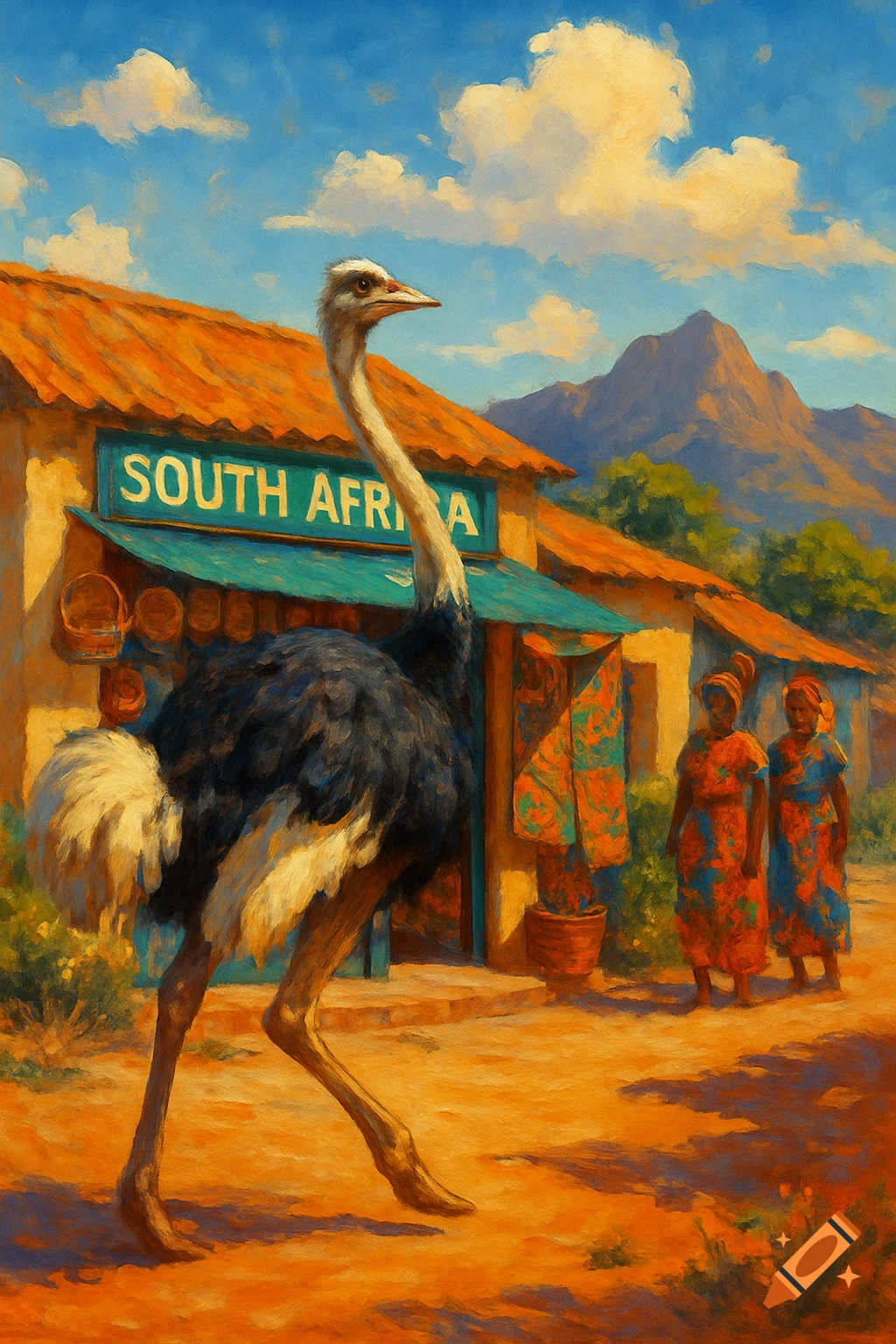 An ostrich walks past a colorful South African shop with two women outside, in a vibrant painterly style.