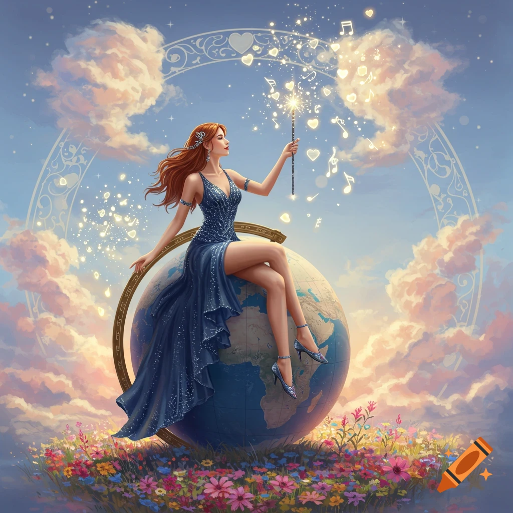 Red-haired woman in sparkly blue dress sits on a globe, casting musical notes and hearts with a magic wand above a field of flowers, whimsical art.