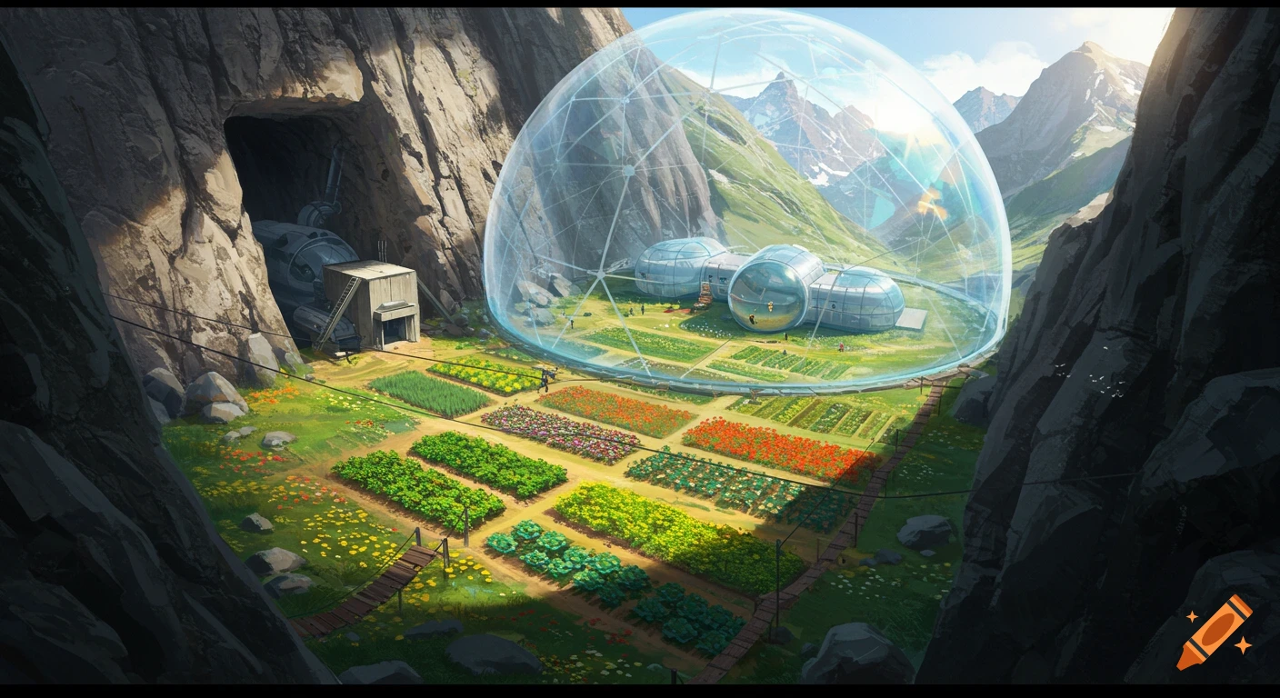 A futuristic bunker with a subterranean access point and a large transparent dome protecting a farm in a mountain valley.
