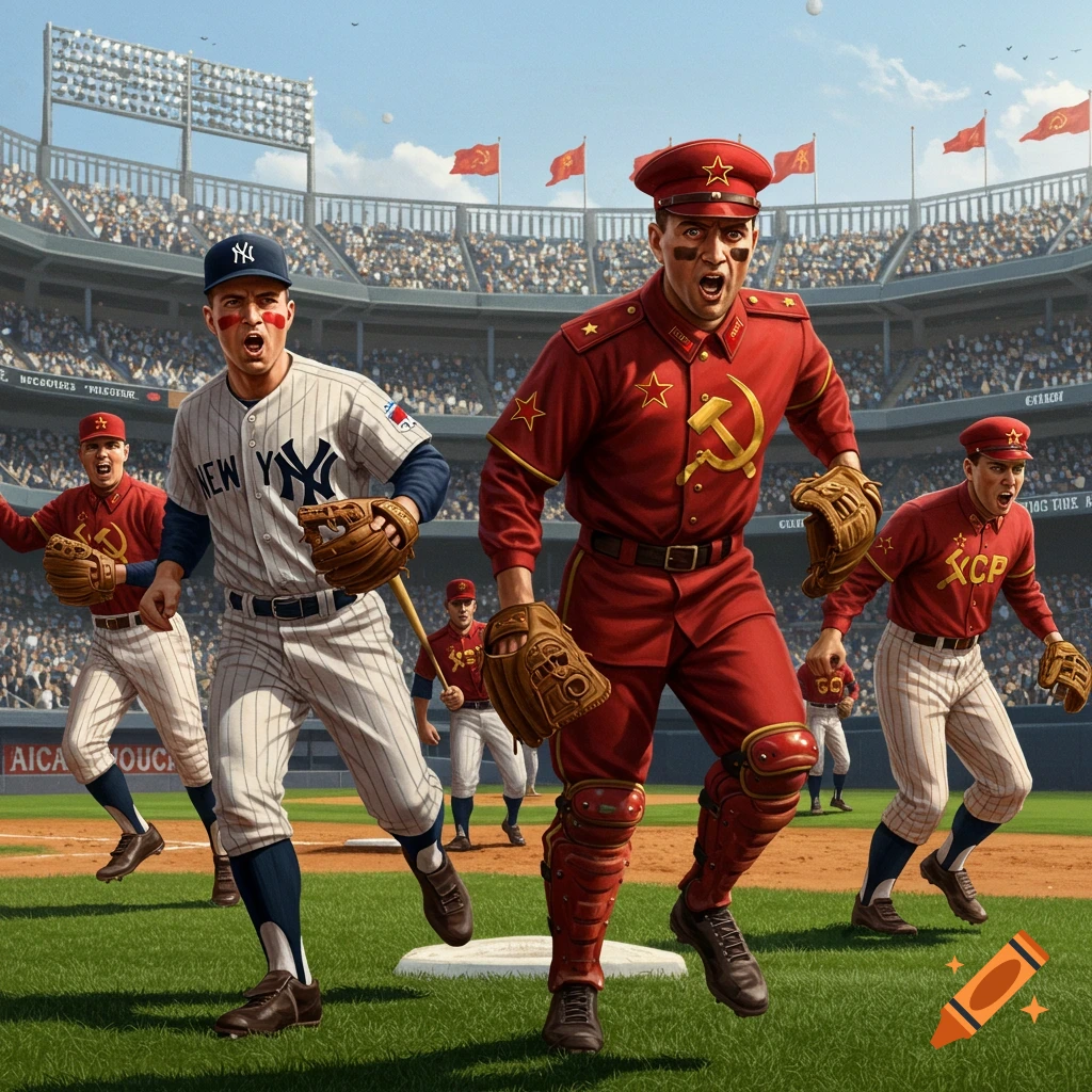 A baseball game featuring players in New York Yankees uniforms facing off against players in Soviet-style red uniforms with hammer and sickle emblems, on a field in a large stadium.