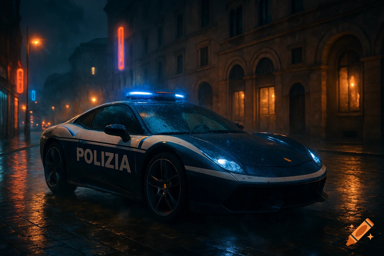 A photorealistic Italian police supercar, marked 'POLIZIA', on a wet city street at night in the rain.