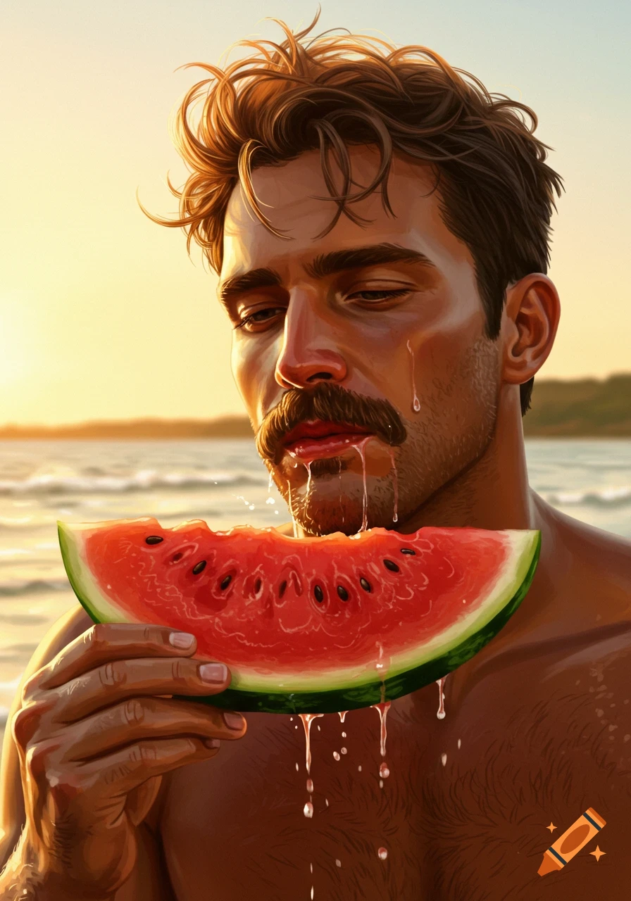 A handsome man with a mustache eats a slice of watermelon on a beach at sunset, juice dripping from his mouth. Digital painting.