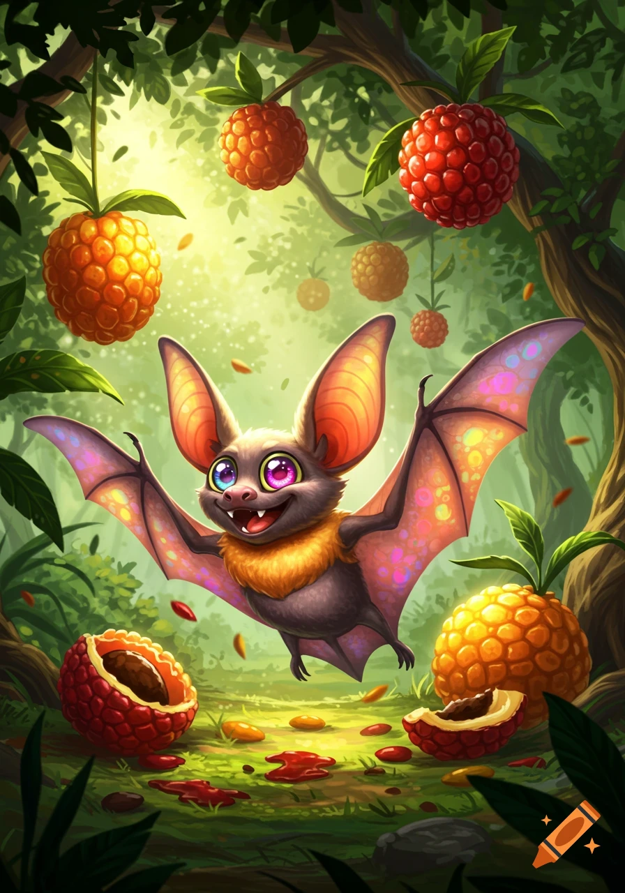A cute, cartoonish fruit bat with large colorful eyes and pink wings smiles while flying in a lush forest with ripe and cut tropical fruit.