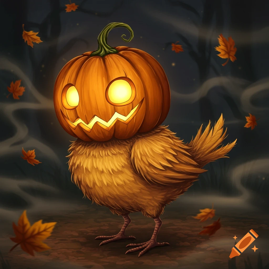 Cartoon bird with a glowing jack-o'-lantern head, fluffy brown body, standing in a misty autumn forest with falling leaves.
